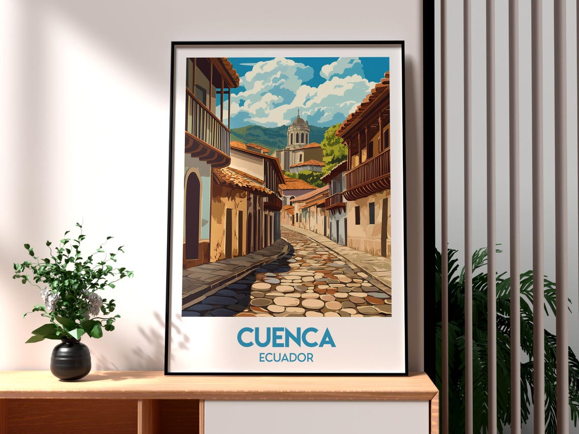 Cuenca Ecuador Colonial Cobblestone Street Illustration Art Poster