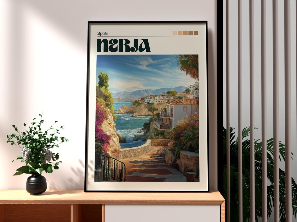 Nerja Spain Costa Del Sol Cliffside Cove Vintage Travel Poster