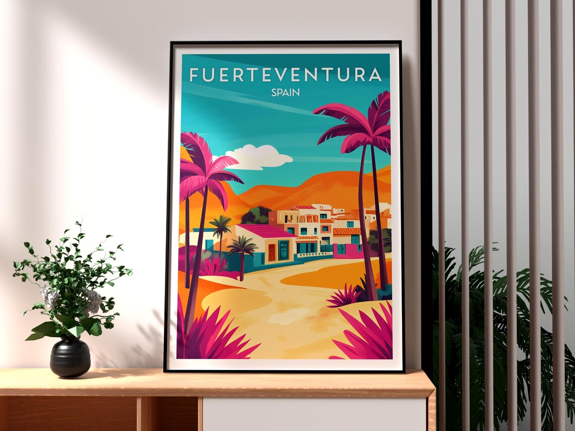 Fuerteventura Spain Colorful Coastal Village Palm Trees Poster