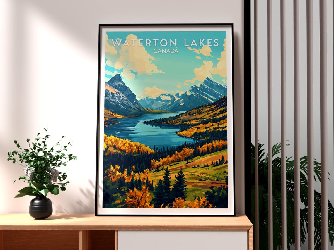 Waterton Lakes Canada Alpine Lake Peaks Golden Autumn Forest Poster