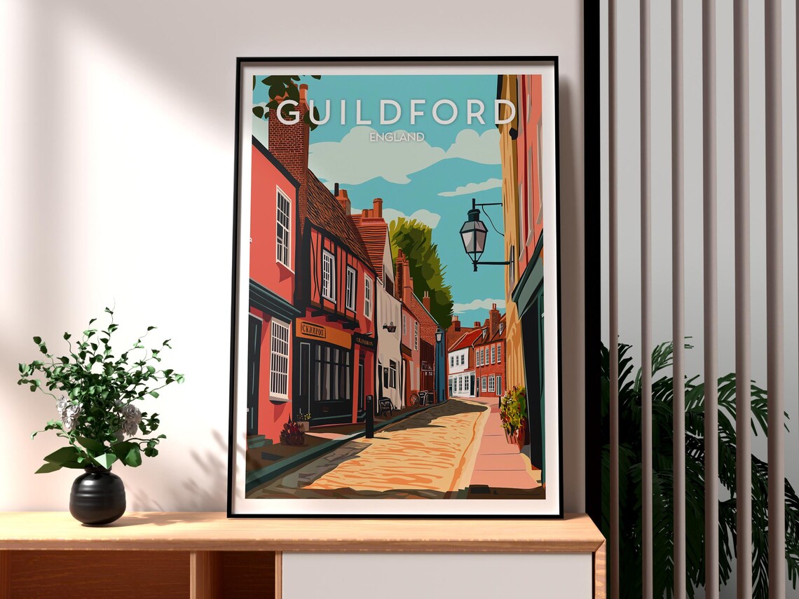 Guildford England Historic Brick High Street Scene Travel Poster