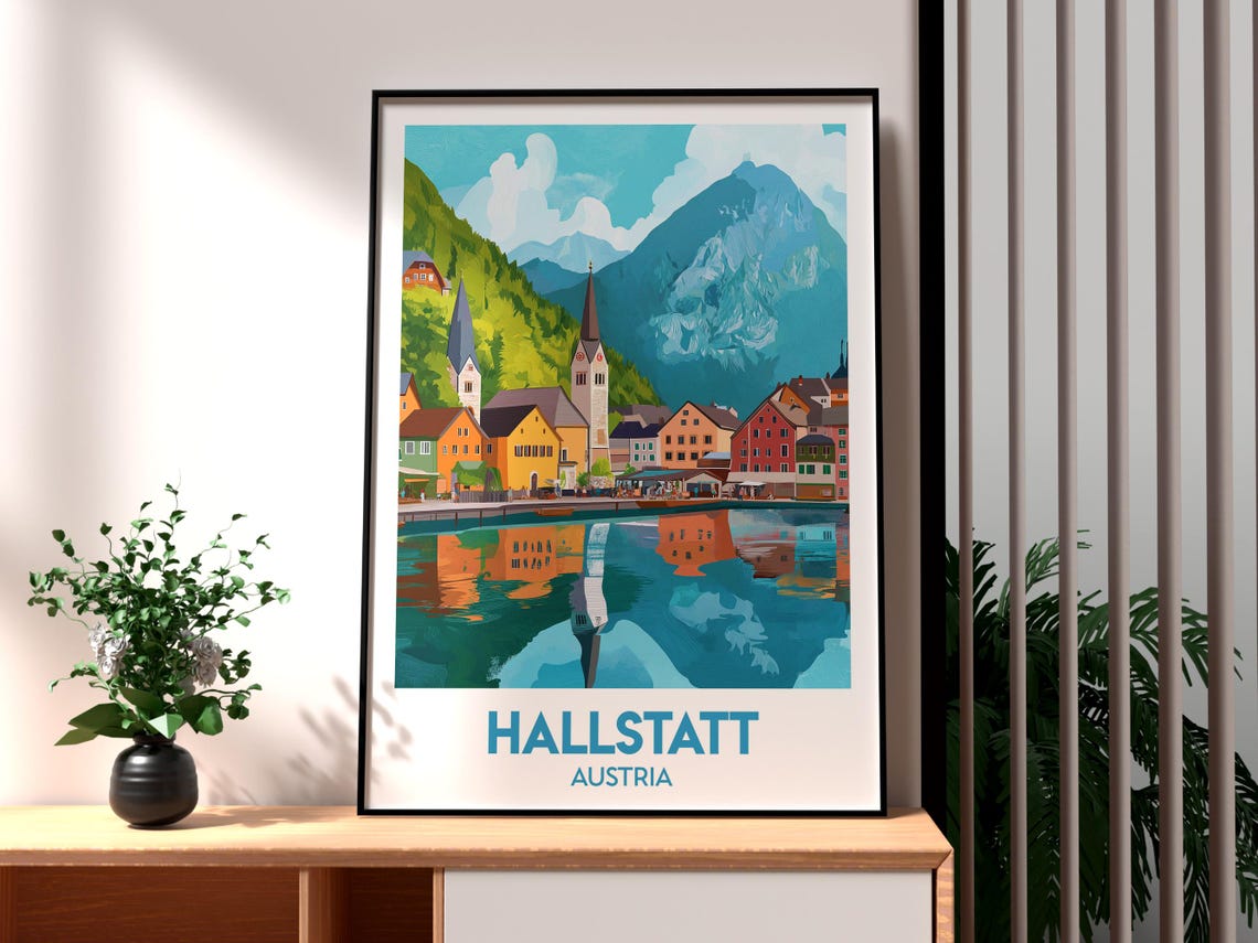 Hallstatt Austria Lakeside Village Mirror Reflection Art Poster