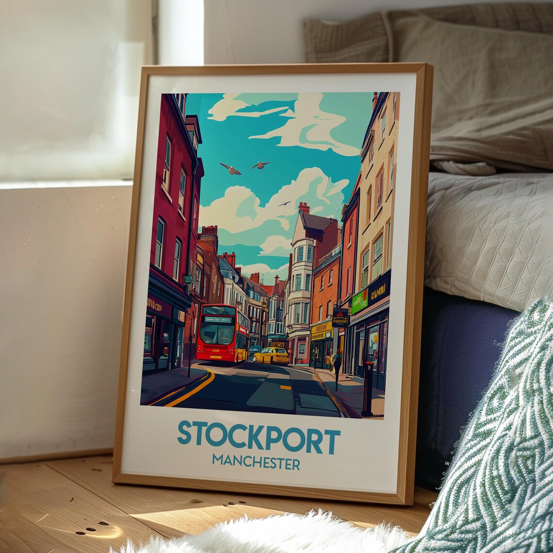 Stockport Manchester Bustling High Street Red Bus Travel Poster - Image 3