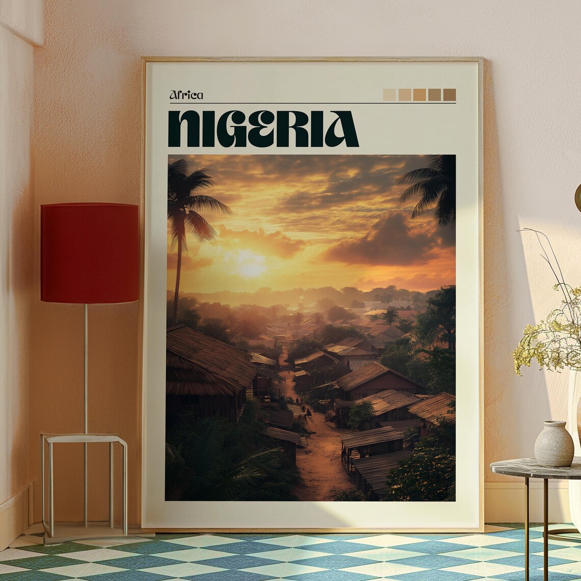 Nigeria Africa Village Sunset Palms Thatched Roofs Travel Poster - Image 2