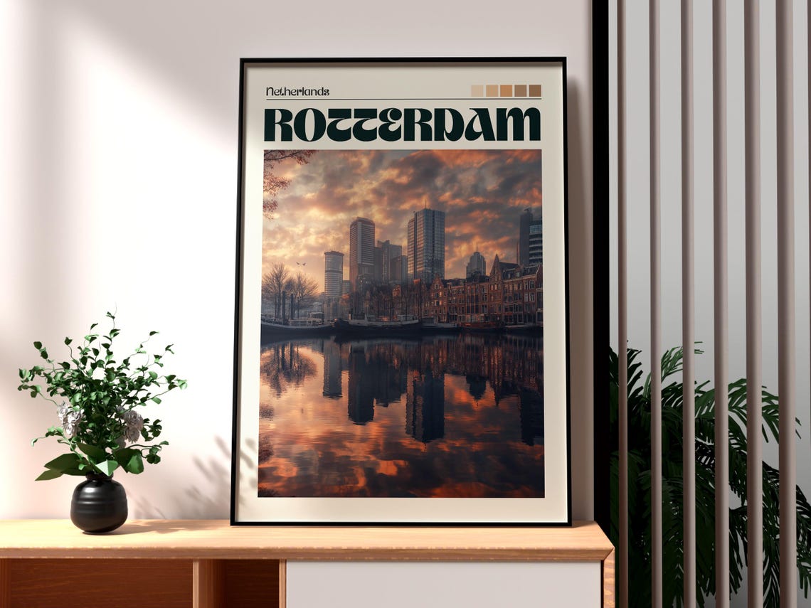 Rotterdam Netherlands Harbor Skyline Reflection Retro Travel Poster