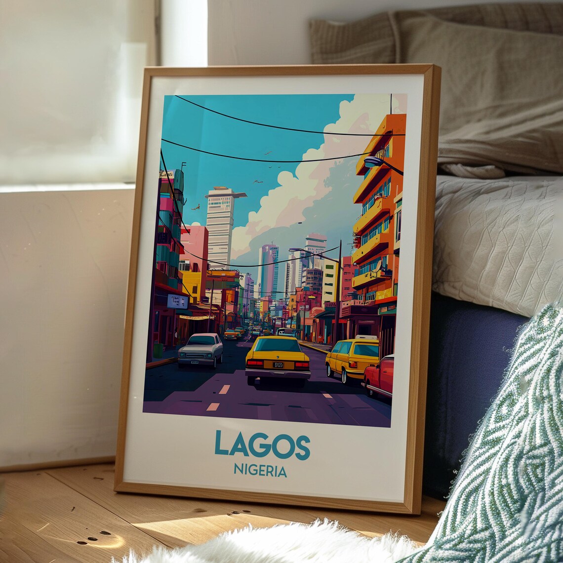 Lagos Nigeria Busy City Street Yellow Taxi Downtown Skyline Art Poster - Image 3