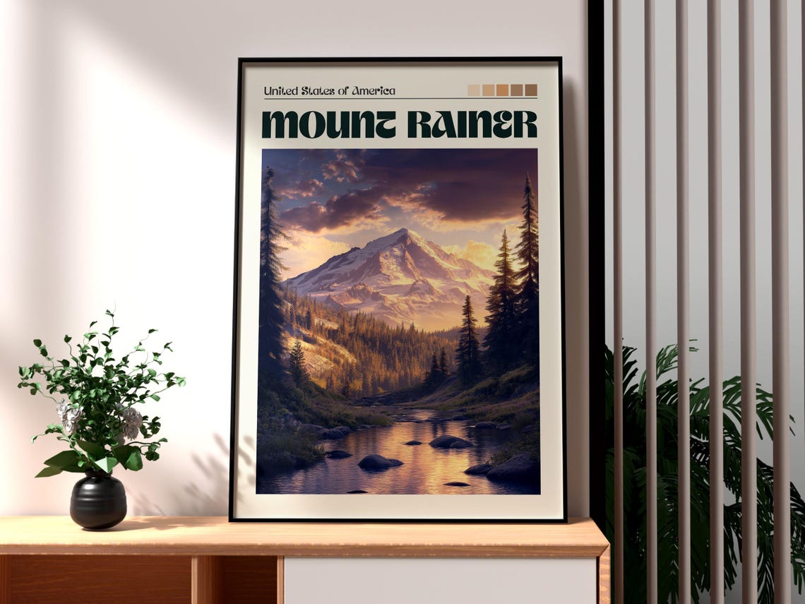 Mount Rainer Washington Forest River Snow Peak Scenic Travel Poster