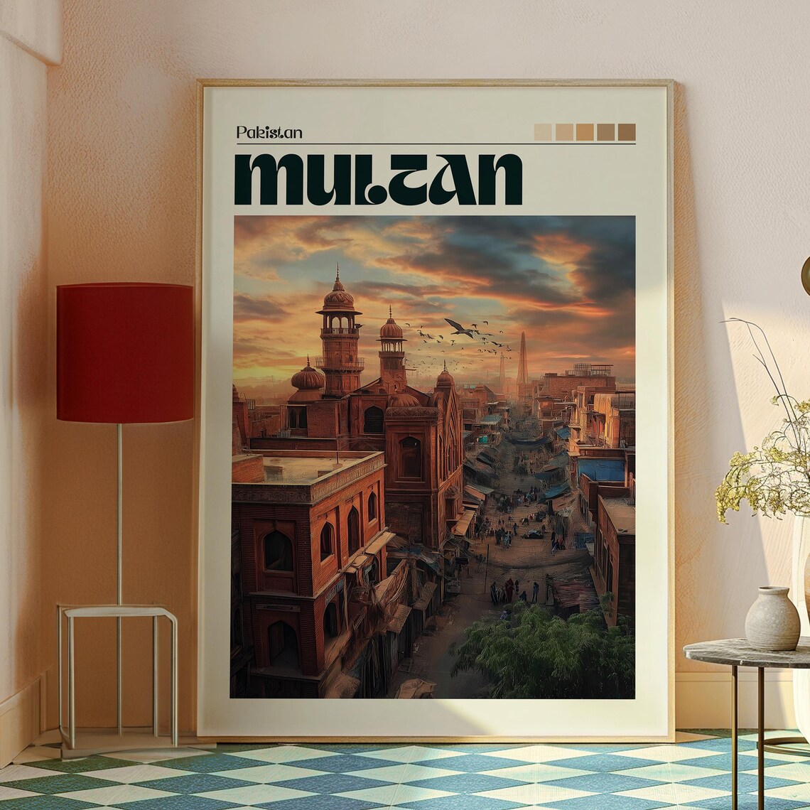 Multan Pakistan Sunset Street Mosque Minaret Kites Travel Poster - Image 2
