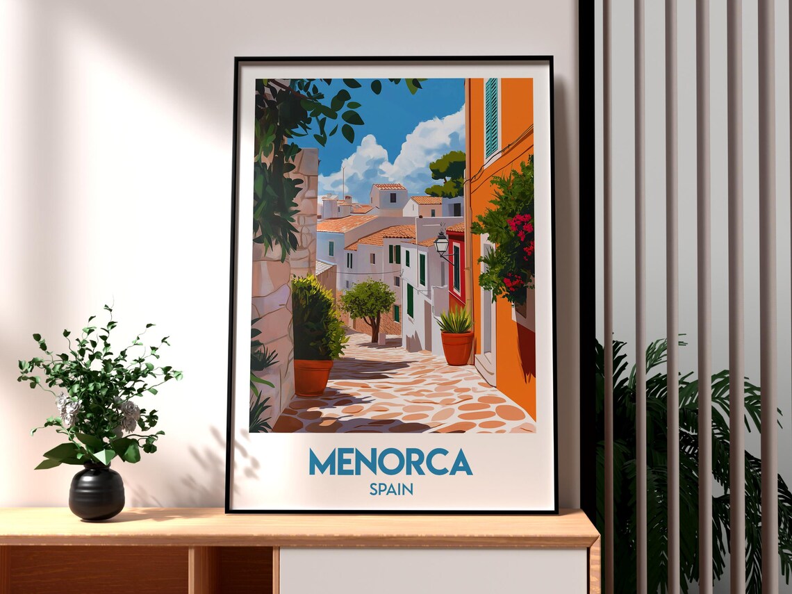 Menorca Spain Old Town Cobbled Street Balearic Island Travel Poster