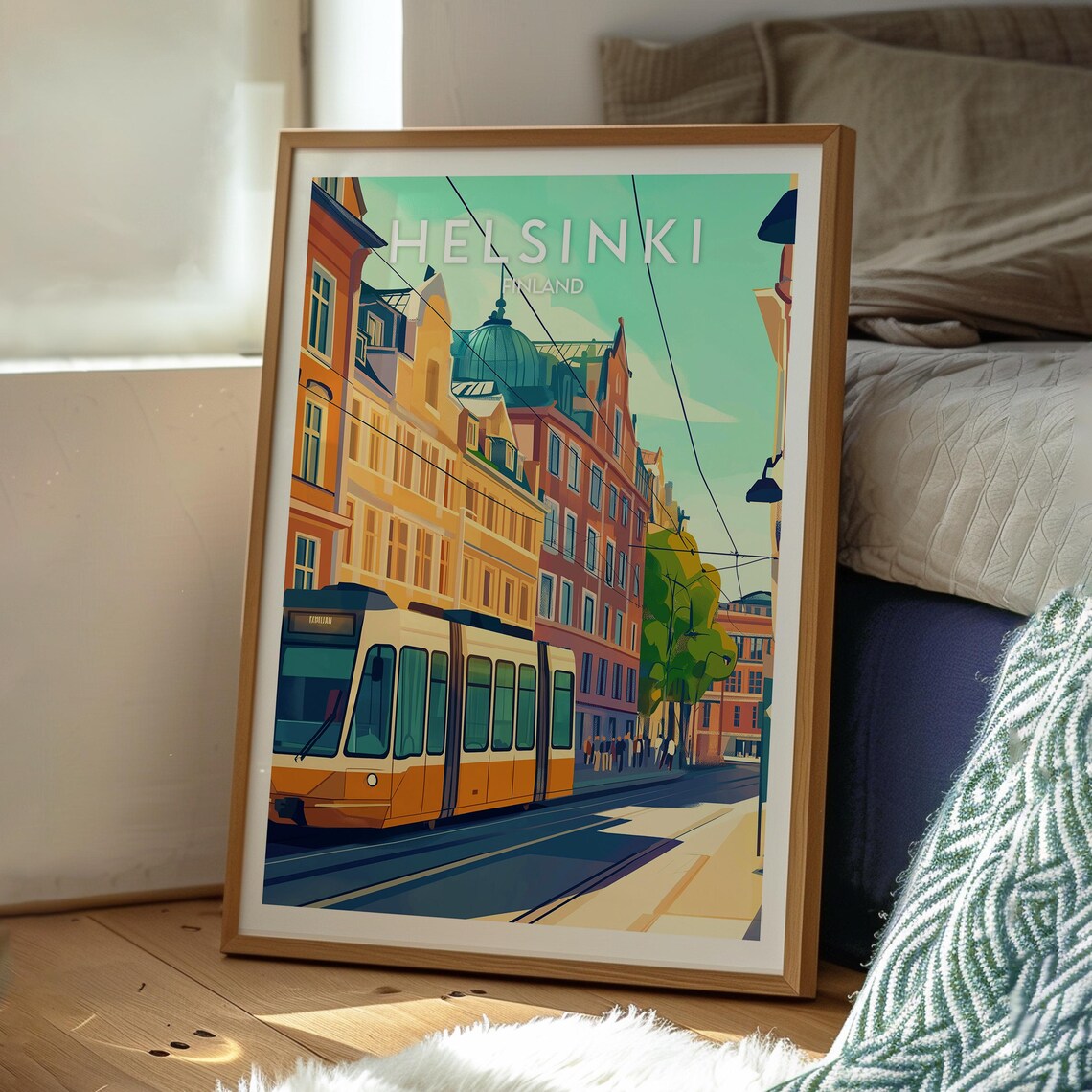 Helsinki Finland Tram Street Vintage Illustration Travel Poster - Image 3