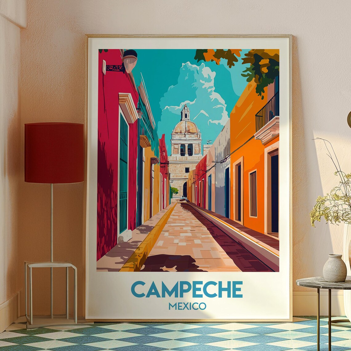 Campeche Mexico Colorful Colonial Street Church Travel Poster - Image 2