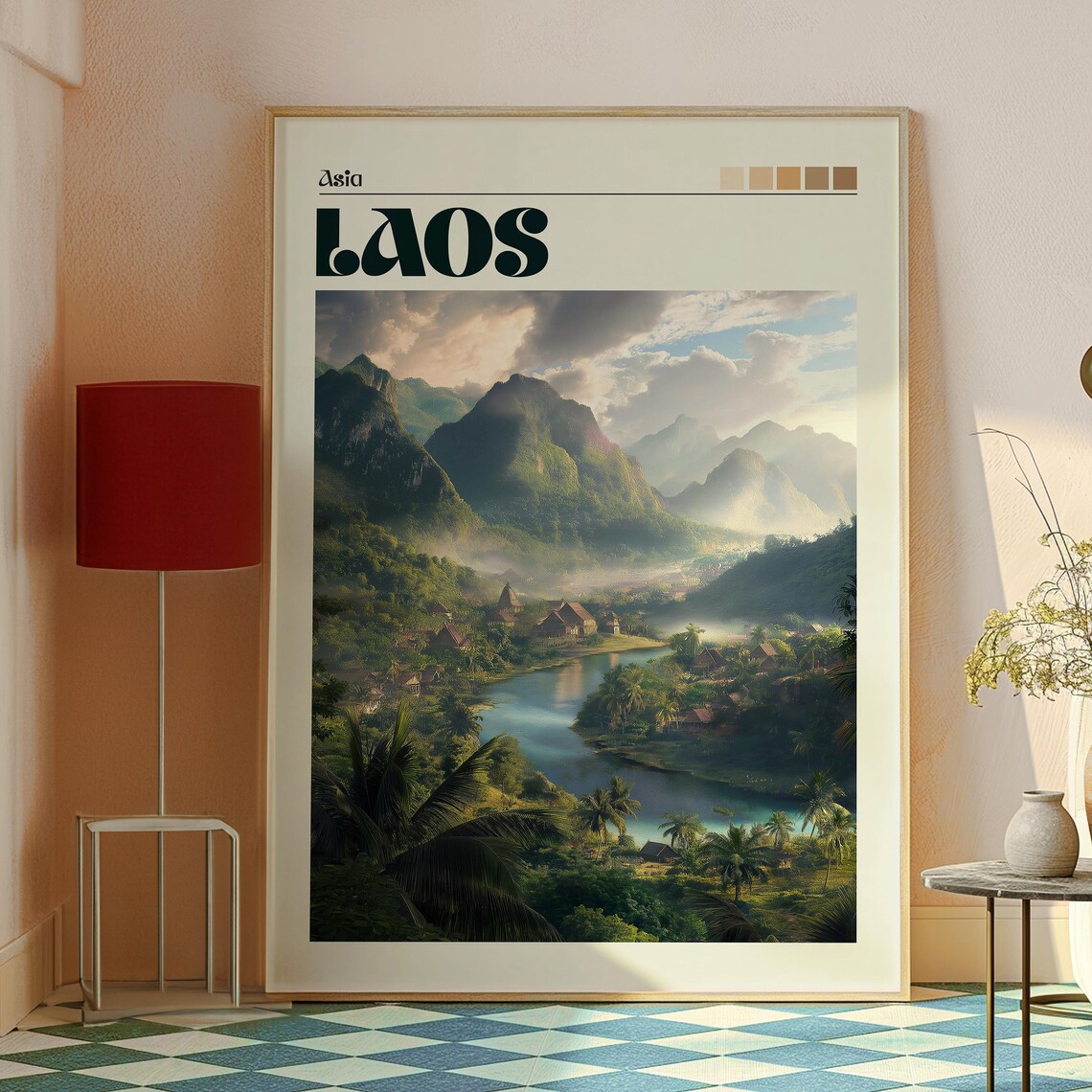 Laos Asia Limestone Karst Mountain River Valley Village Poster - Image 2