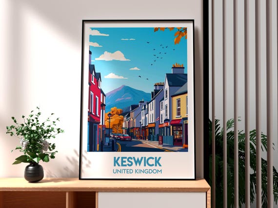 Keswick Print The Lake District Wall Art Uk Countryside Poster Travel Hiking Derwent Water