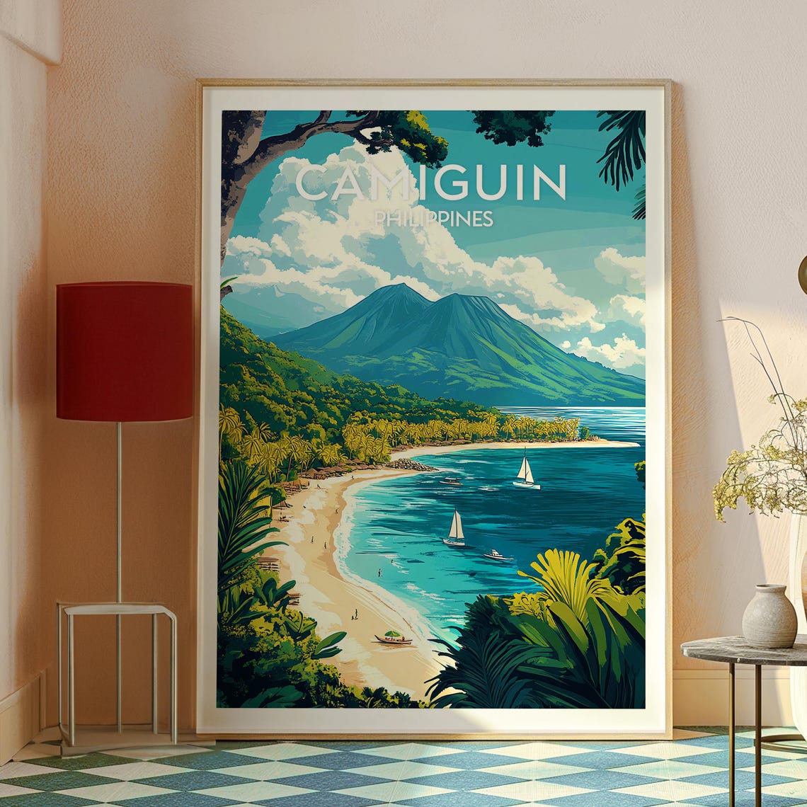 Camiguin Philippines Volcano Beach Sailboats Palm Trees Travel Poster - Image 2
