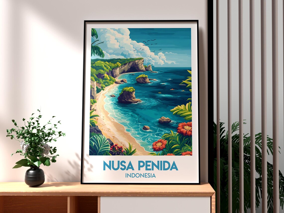 Nusa Penida Indonesia Cliff Bay Sea Stacks Retro Travel Poster