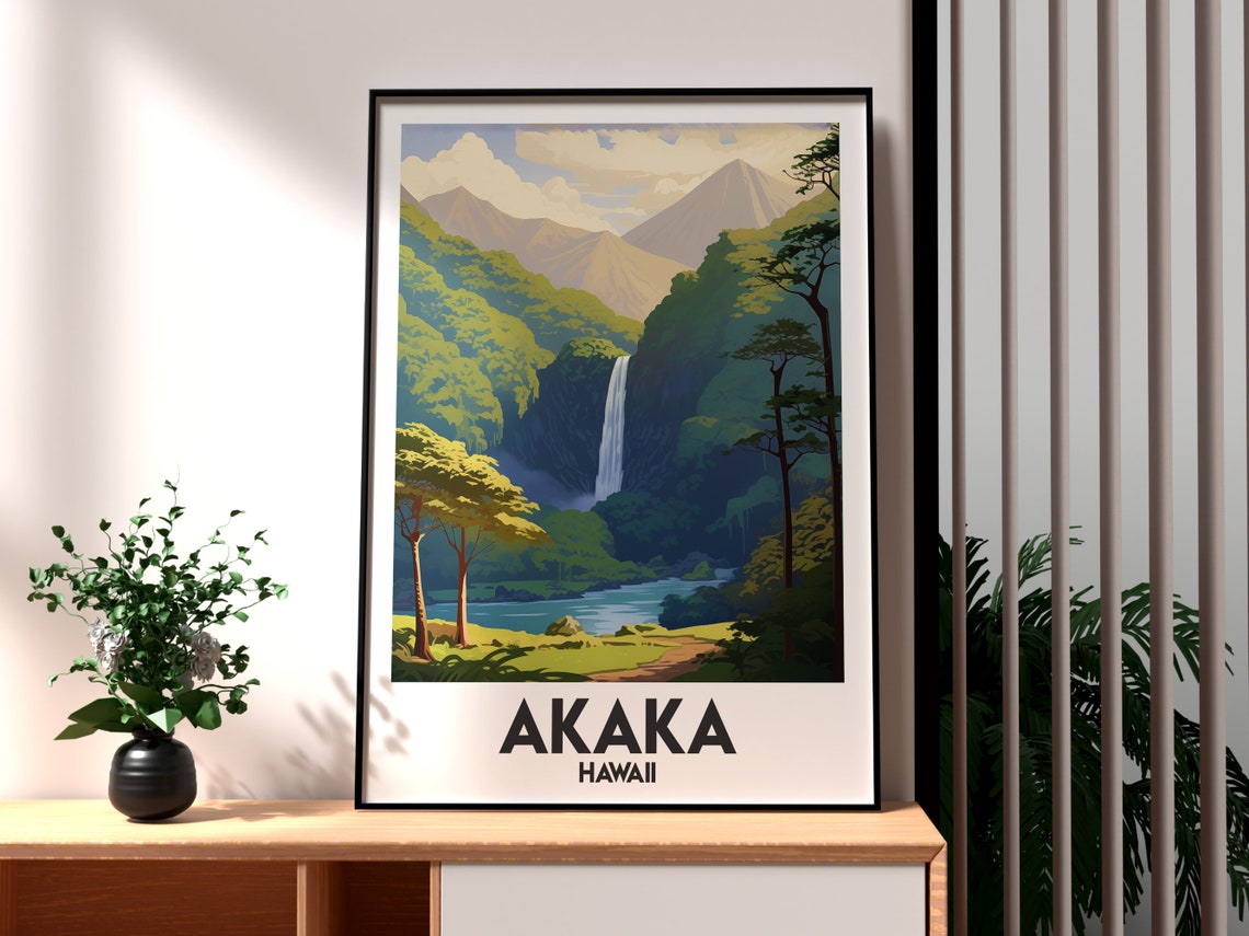 Akaka Falls Hawaii Waterfall Rainforest Valley Scenic Travel Poster
