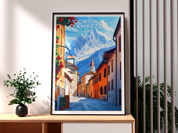 Cortina d'Ampezzo Italy Dolomites Alpine Town Street Peaks Travel Poster