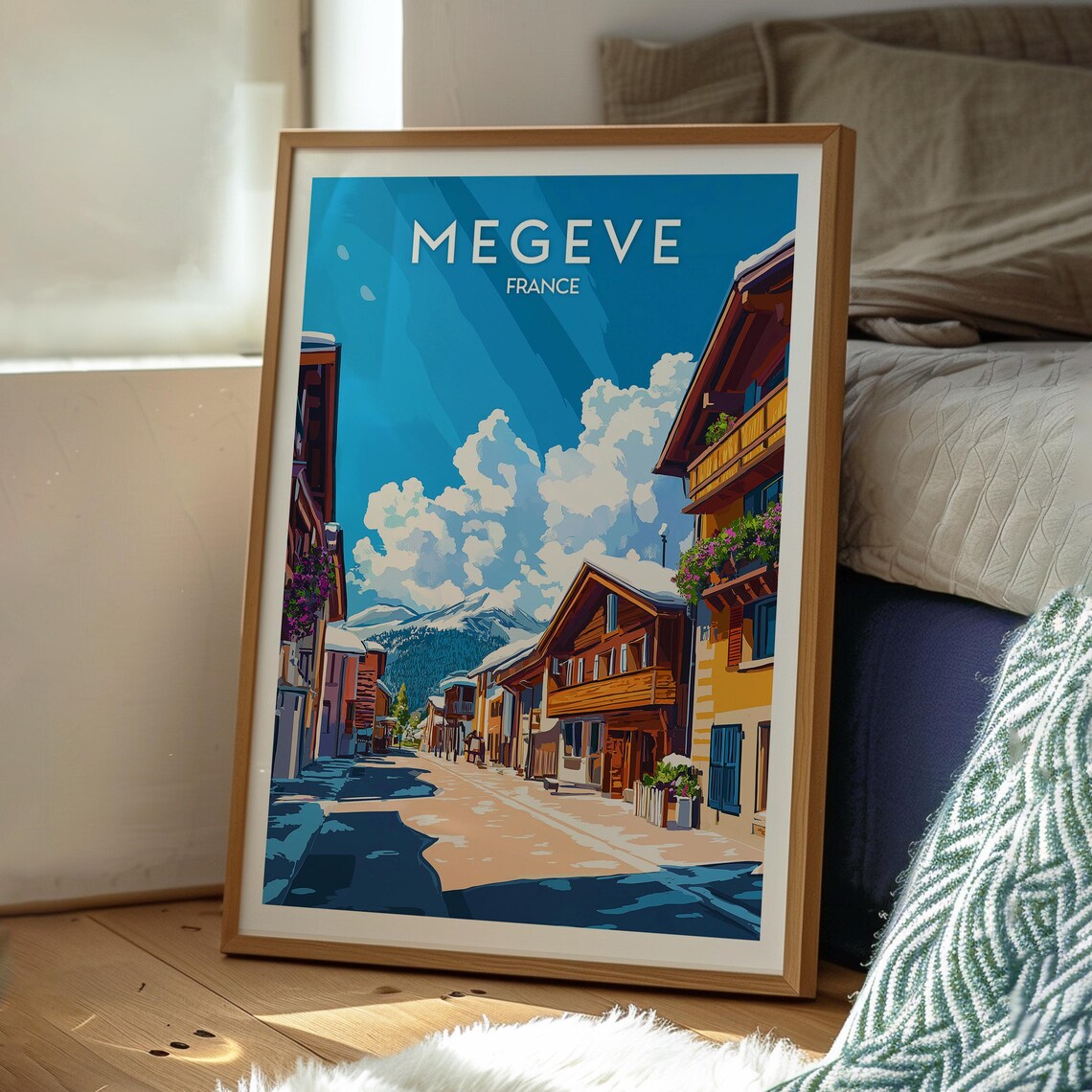 Megeve France Snowy Alpine Town Street Vintage Travel Art Poster - Image 3