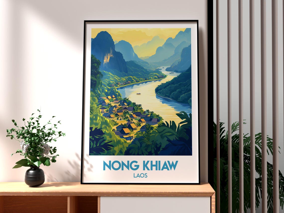 Nong Khiaw Laos River Village Karst Cliffs Illustrated Travel Poster