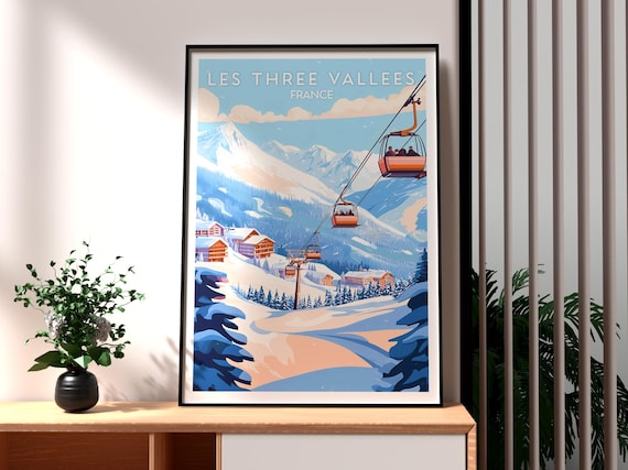 Les Three Vallees French Alps Skiing Travel Poster