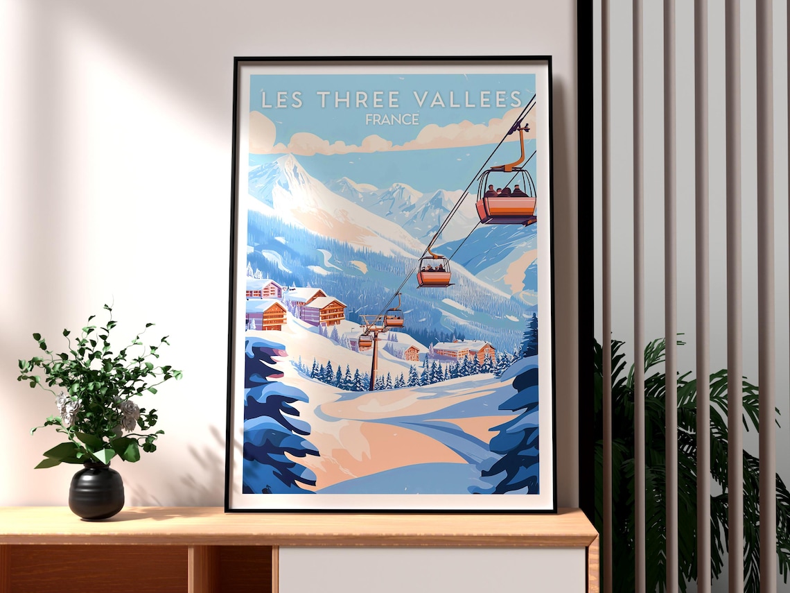 Les Three Vallees French Alps Skiing Travel Poster