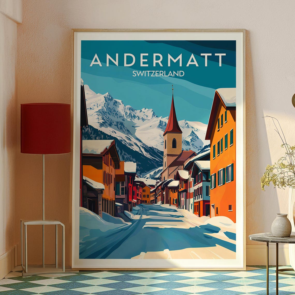 Andermatt Switzerland Snowy Alpine Street Winter Vintage Travel Poster - Image 2