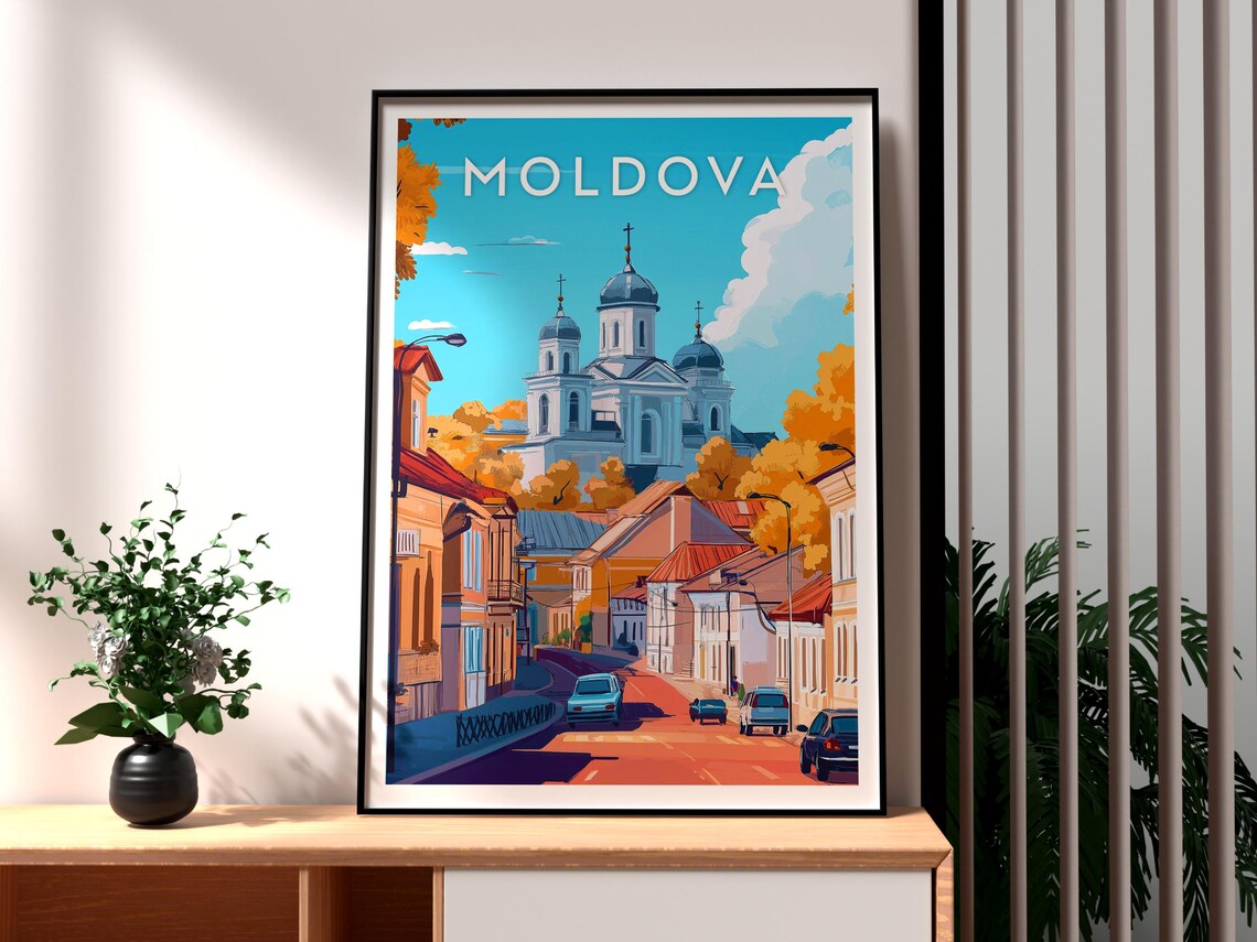 Moldova Orthodox Cathedral Blue Domes Old Town Street Travel Poster