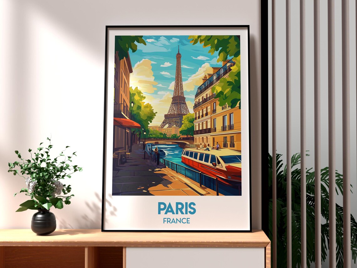Paris France Eiffel Tower Canal Boat Street Scene Art Poster