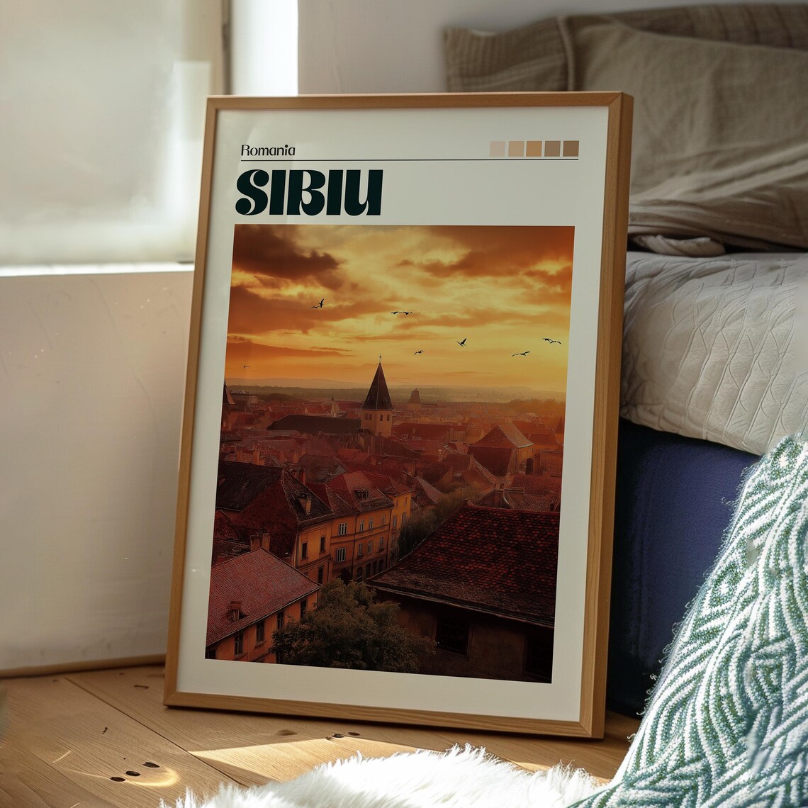 Sibiu Romania Old Town Rooftops Church Tower Golden Sunset City Poster - Image 3