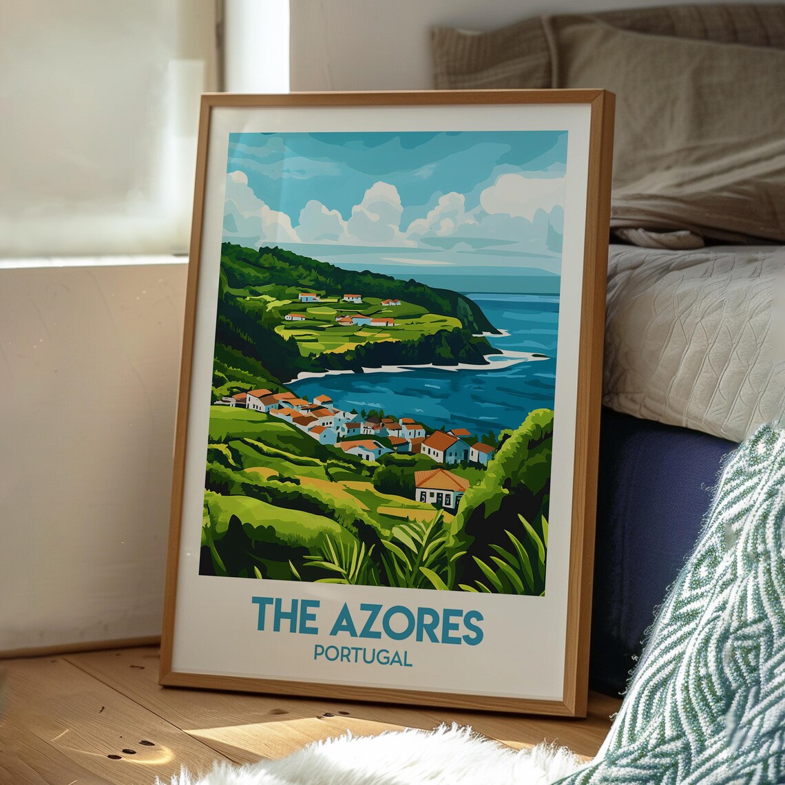 The Azores Portugal Green Cliff Coastal Village Ocean Travel Poster - Image 3