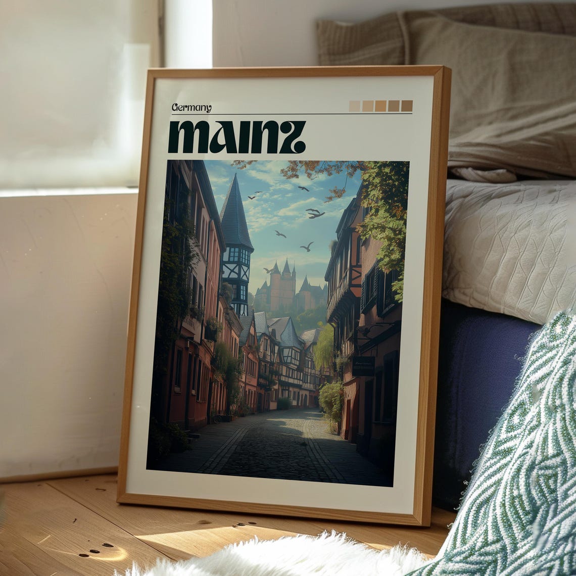 Mainz Germany Half Timbered Old Street Castle Hill Birds Travel Poster - Image 3
