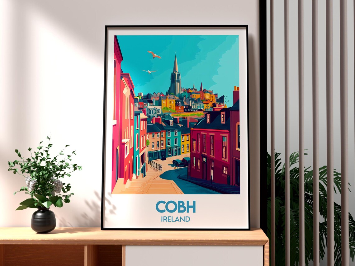 Cobh Ireland Colorful Harbor Town Cathedral Spire Travel Poster