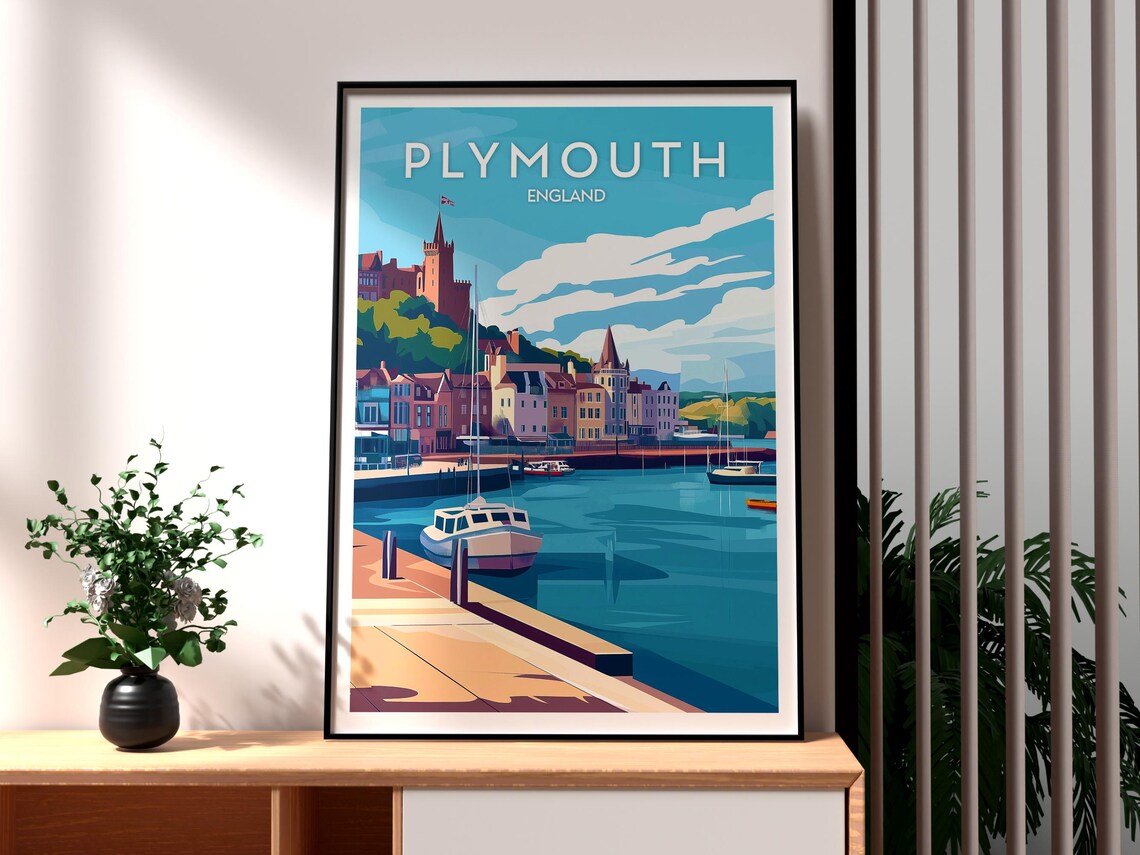 Plymouth England Harbor Boats Waterfront Historic Quay Travel Poster