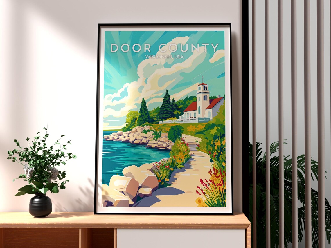 Door County Wisconsin Retro Travel Poster Lakeside Church Art