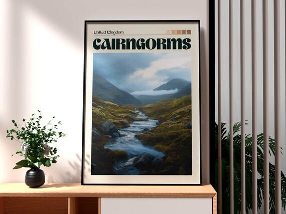 Cairngorms Scotland Misty Mountain Valley Stream Travel Poster