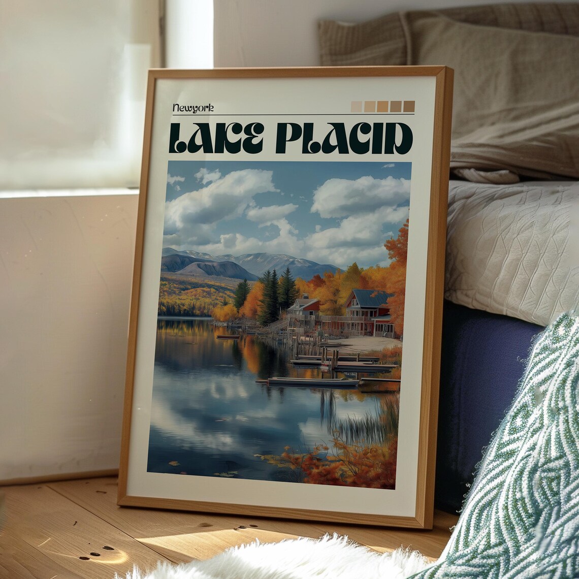 Lake Placid New York Autumn Fall Foliage Lakeside Cabins Poster - Image 3