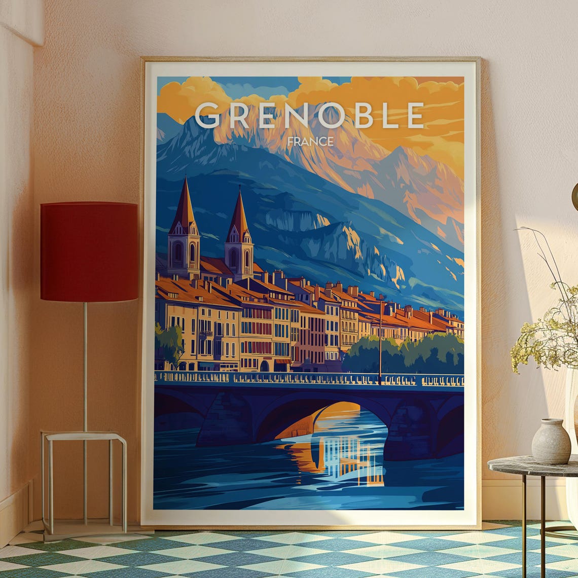 Grenoble France Alpine City Bridge Sunset Illustration Poster - Image 2