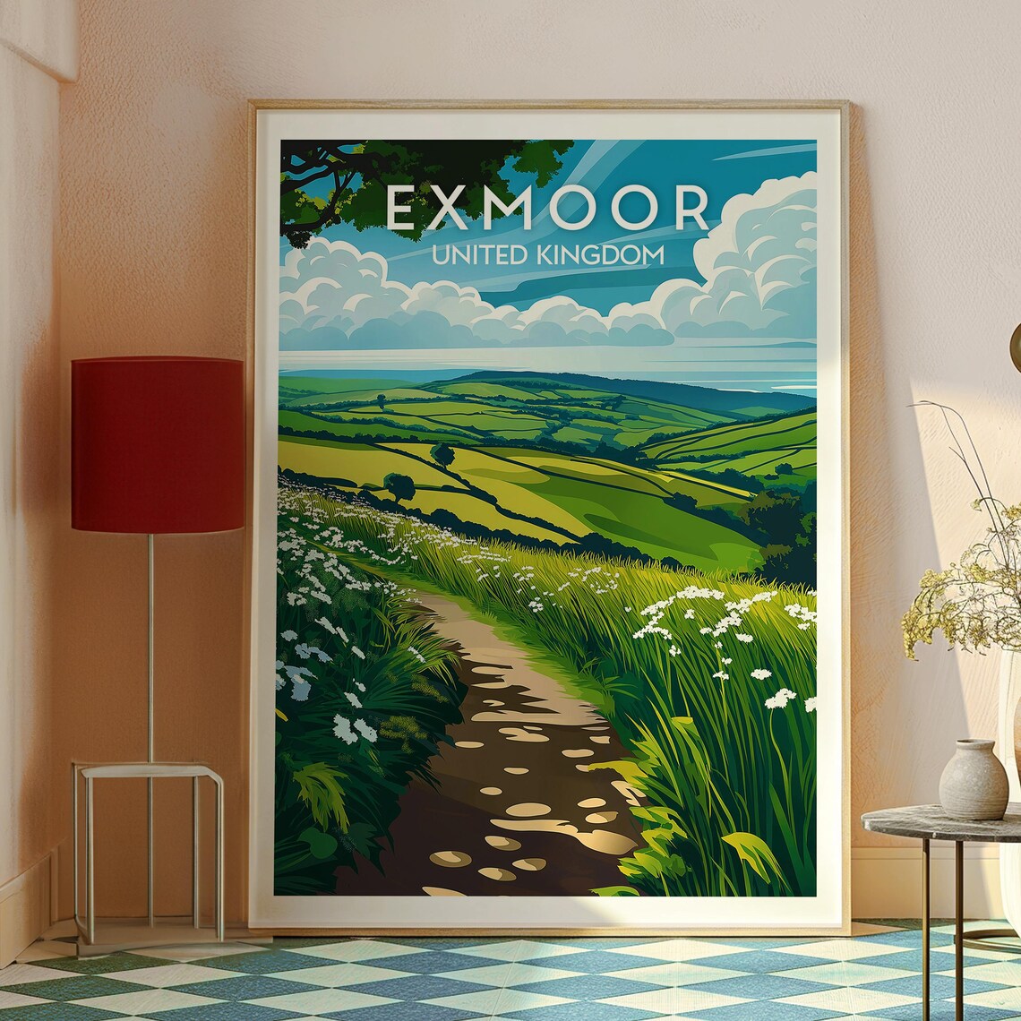 Exmoor England Green Valley Walking Path Wildflowers Hills Travel Poster - Image 2