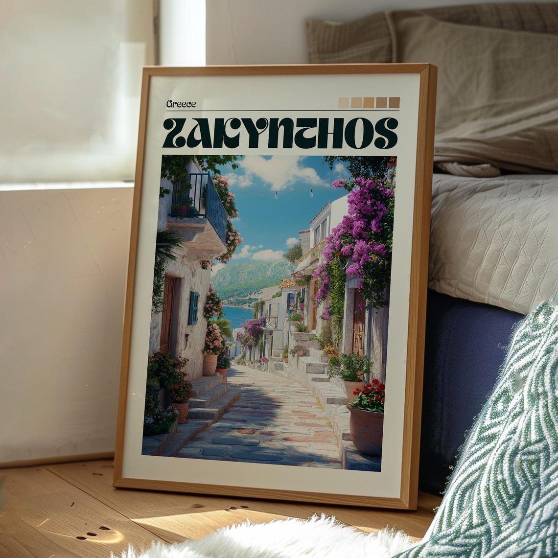 Zakynthos Greece Flowered Old Town Steps Seaside Travel Poster - Image 3