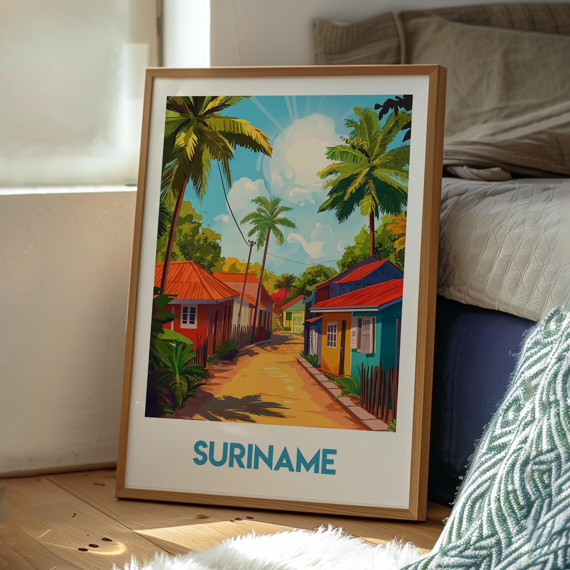 Suriname Tropical Village Palm Street Colorful Houses Travel Poster - Image 3