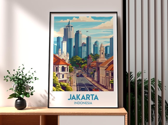 Jakarta Indonesia Colonial Street Modern Skyline Travel Poster