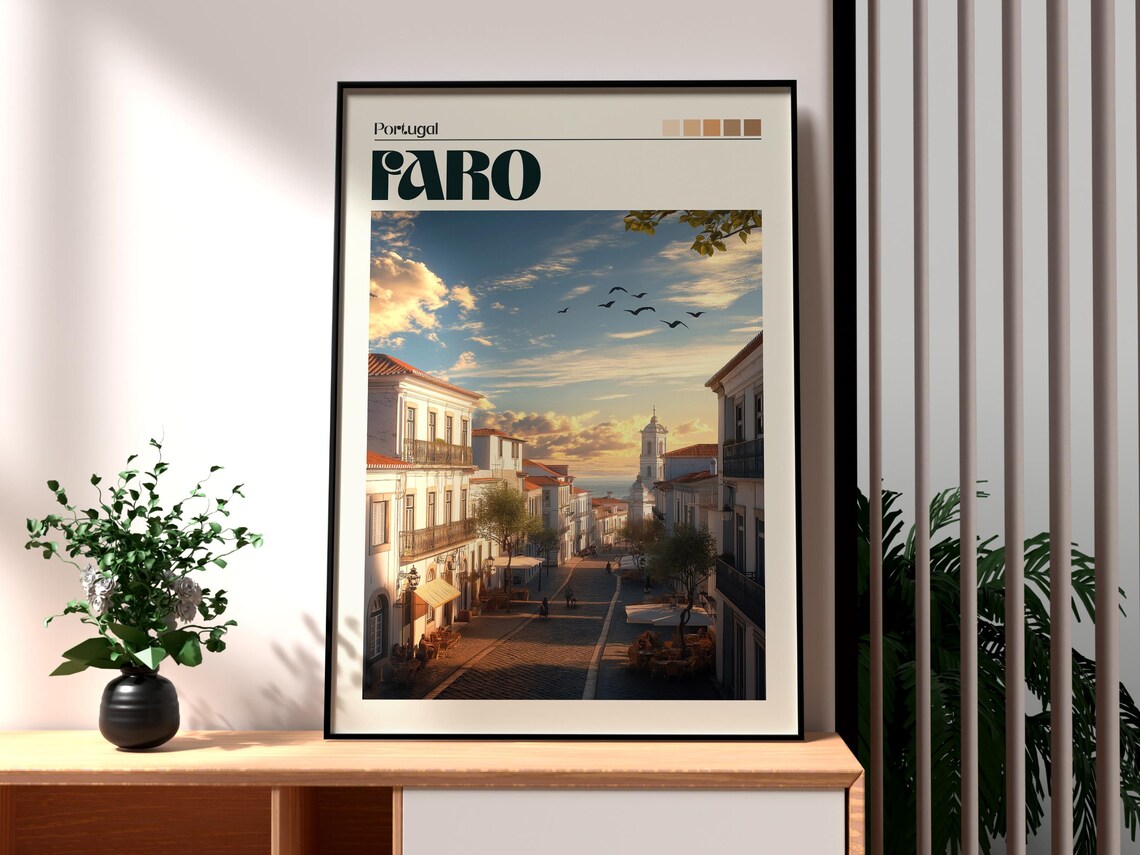Faro Portugal Old Town Sunset Street Church Tower Travel Poster
