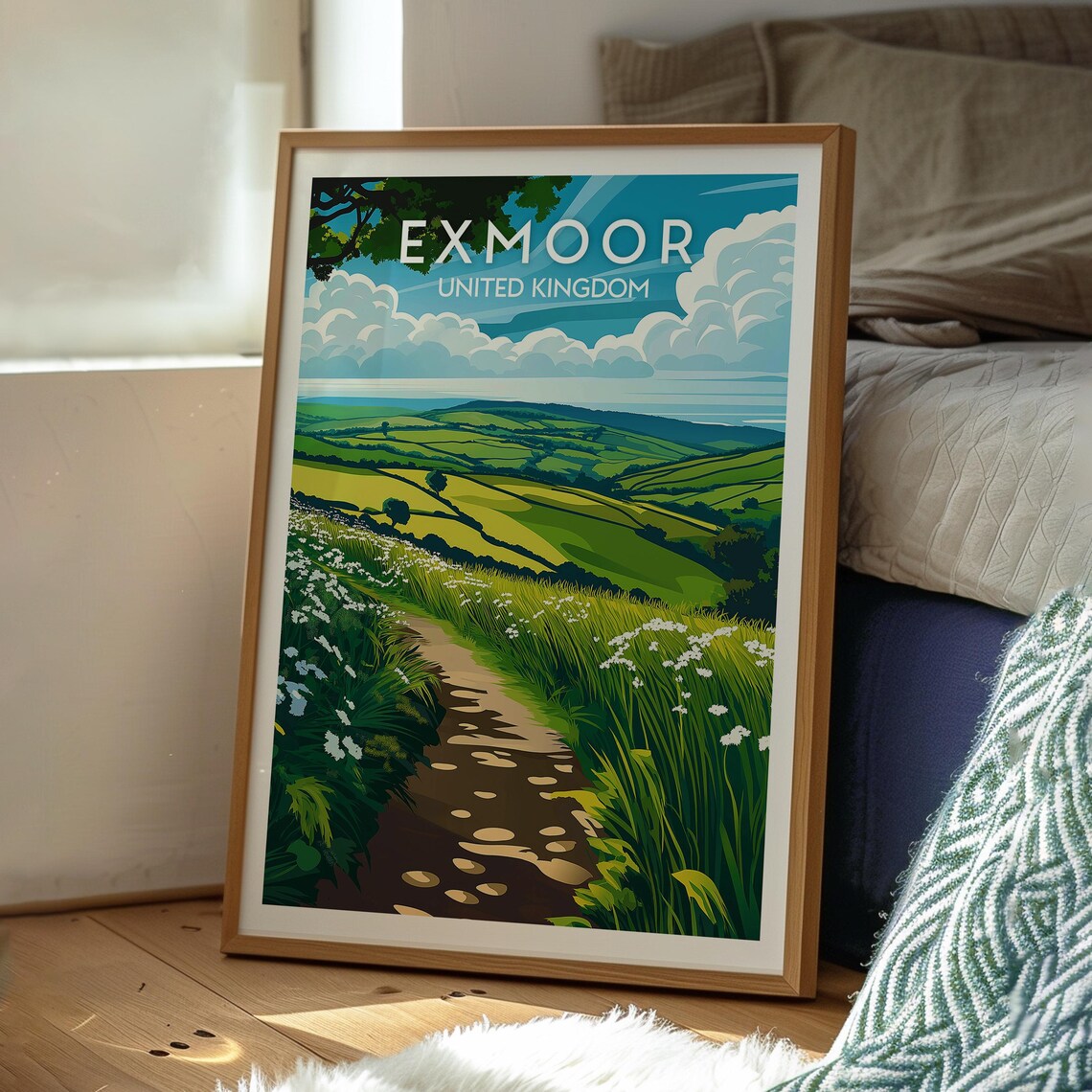 Exmoor England Green Valley Walking Path Wildflowers Hills Travel Poster - Image 3