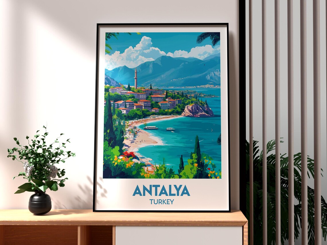 Antalya Turkey Beach Bay Minaret Mountain Coast Holiday Poster