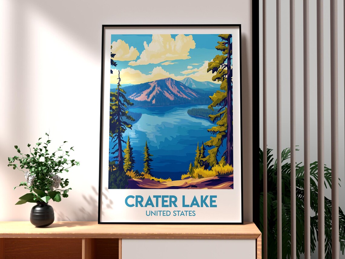Crater Lake United States Blue Caldera Lake Vintage Travel Poster