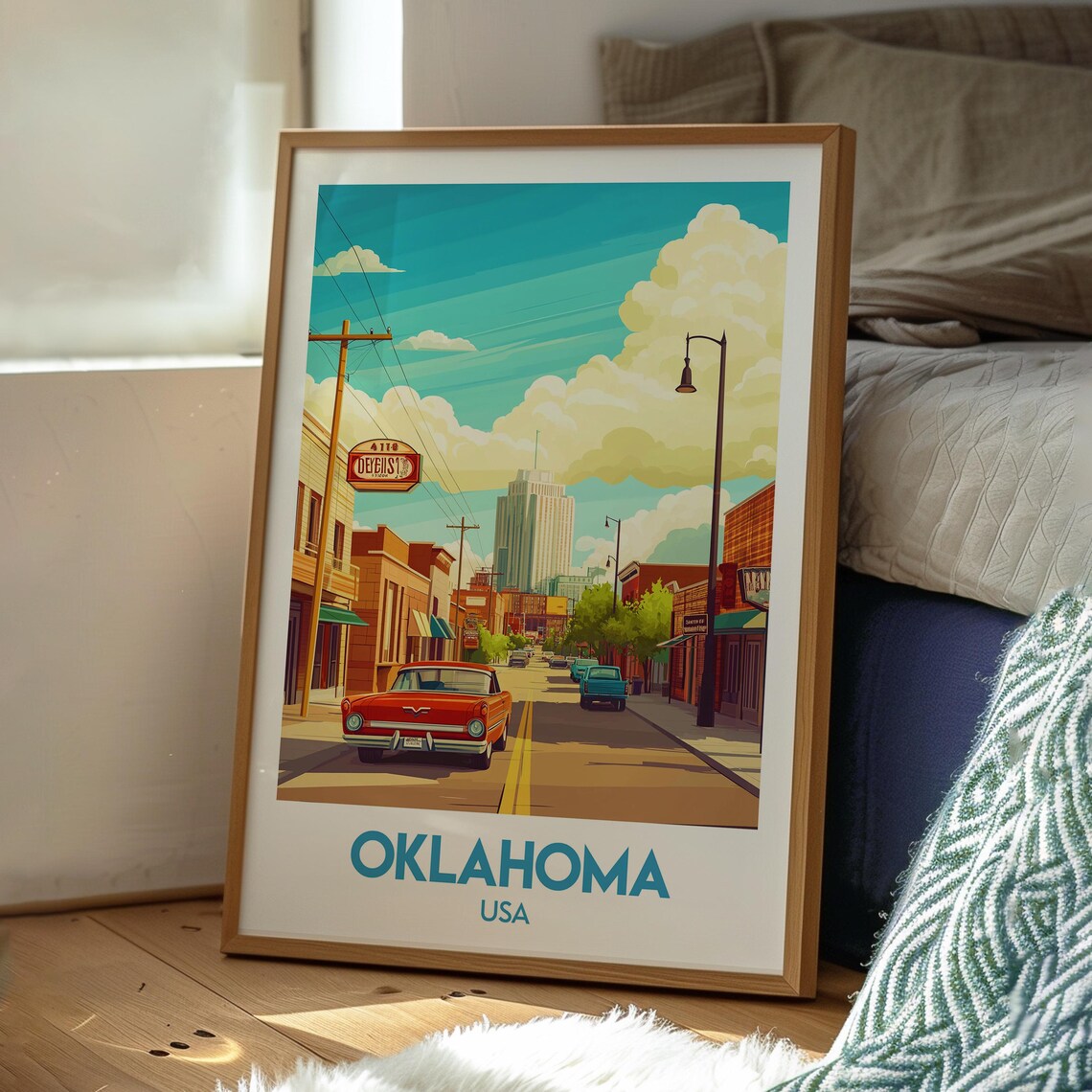 Oklahoma USA Retro Downtown Street Classic Car Skyline Poster - Image 3