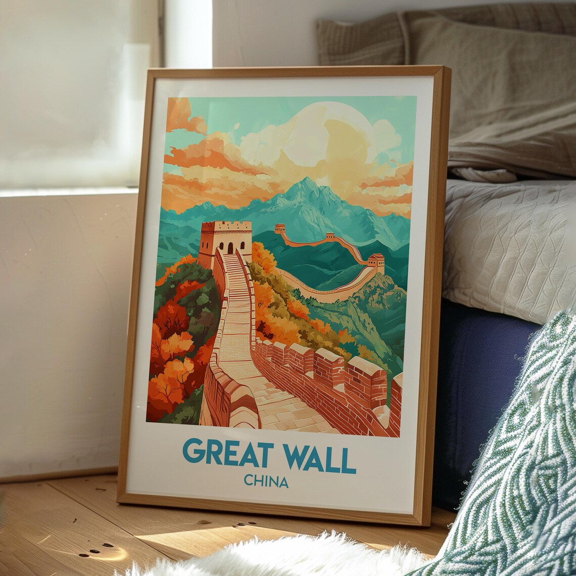 Great Wall of China Winding Mountain Ridge Autumn Sunset Travel Poster - Image 3