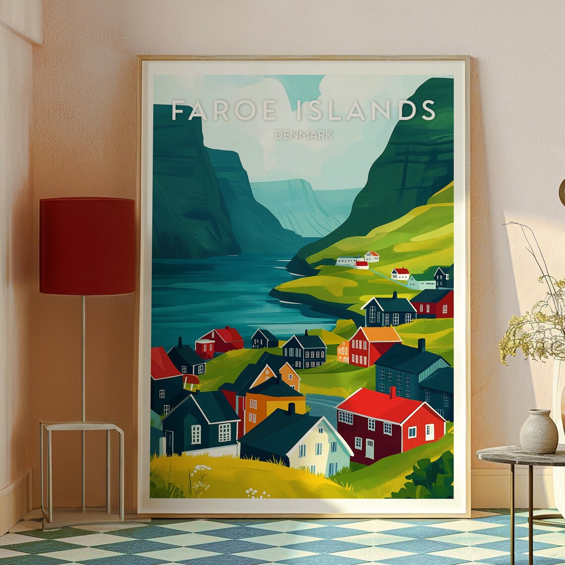 Faroe Islands Denmark Fjord Village Green Cliffs Travel Poster - Image 2