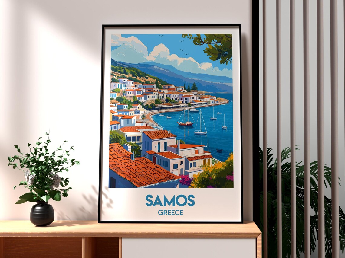 Samos Greece Island Harbor Sailboats Vintage Retro Travel Poster