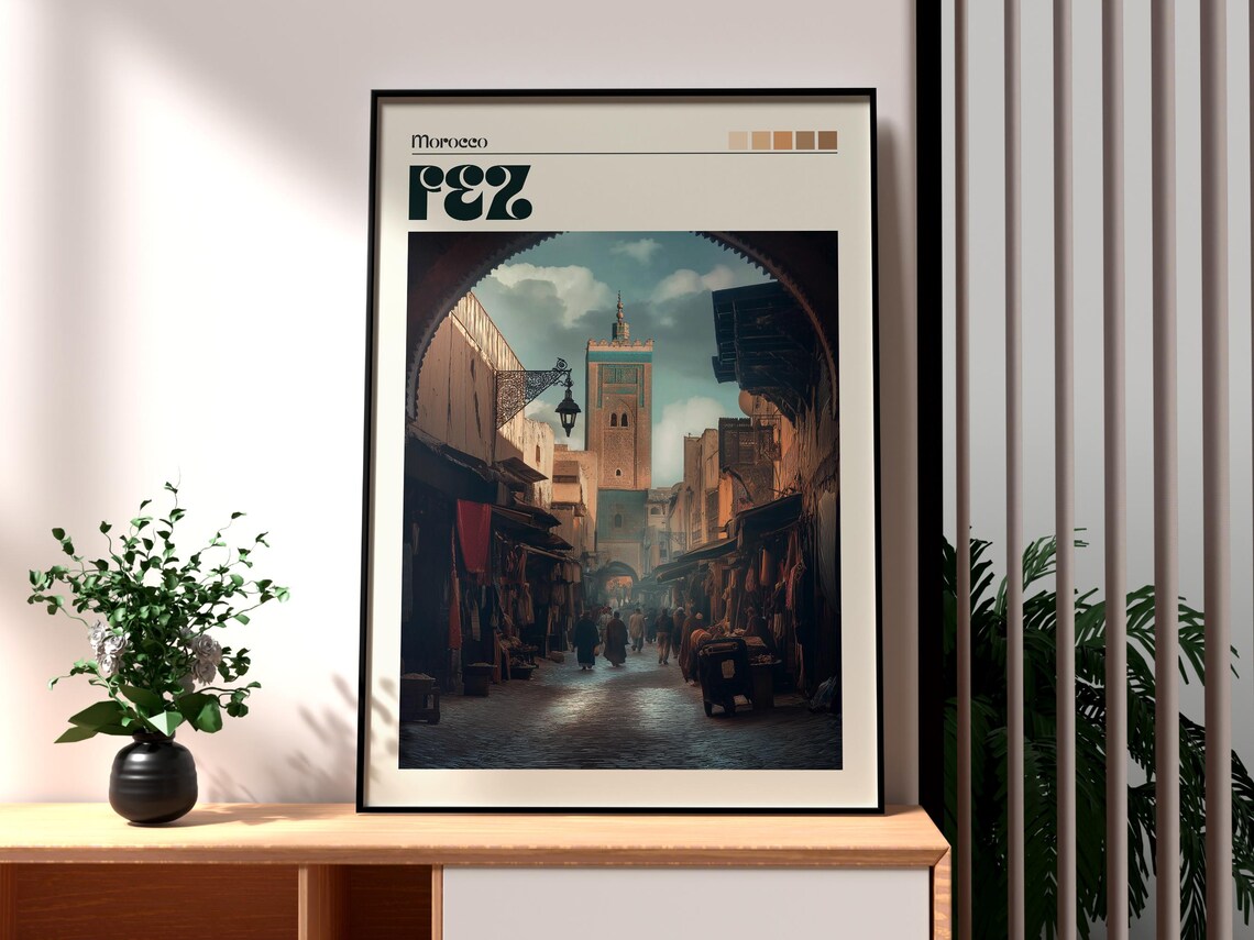 Fez Morocco Medina Market Street Minaret Tower Travel Poster